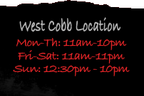 Hours: Mon-Thurs: 11am - 10pm, Fri-Sat: 11am - 11pm, Sun: 12:30pm - 10pm